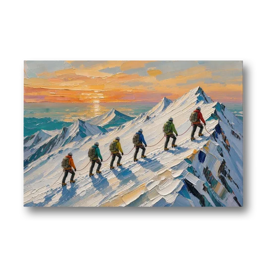 Roped Climbers on a Snowy Ridge at Sunrise - Canvas Wall Art - Front