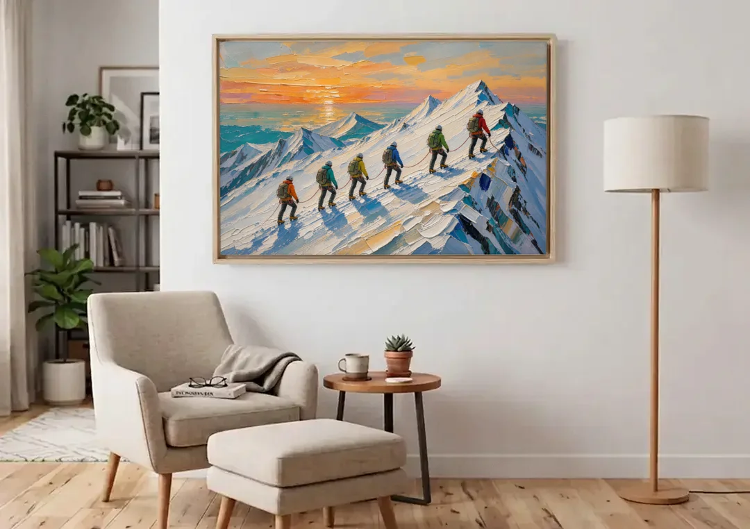 Roped Climbers on a Snowy Ridge at Sunrise canvas wall art above an armchair in a bright living room