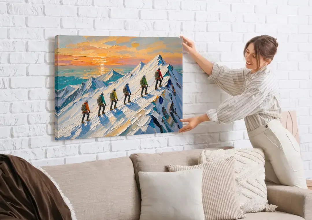 Roped Climbers on a Snowy Ridge at Sunrise canvas wall art being hung on a white brick wall above a sofa