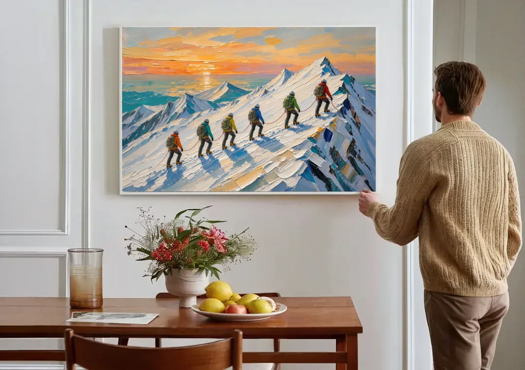Roped Climbers on a Snowy Ridge at Sunrise canvas wall art above a dining table