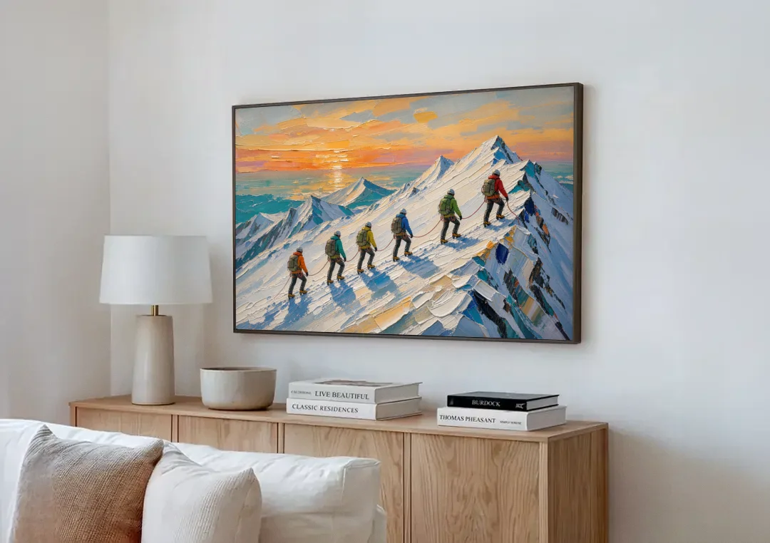 Roped Climbers on a Snowy Ridge at Sunrise canvas wall art above a wooden sideboard next to a sofa