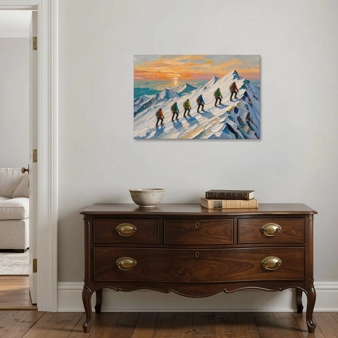 Roped Climbers on a Snowy Ridge at Sunrise - Canvas Wall Art - Coffee Table - 36x24