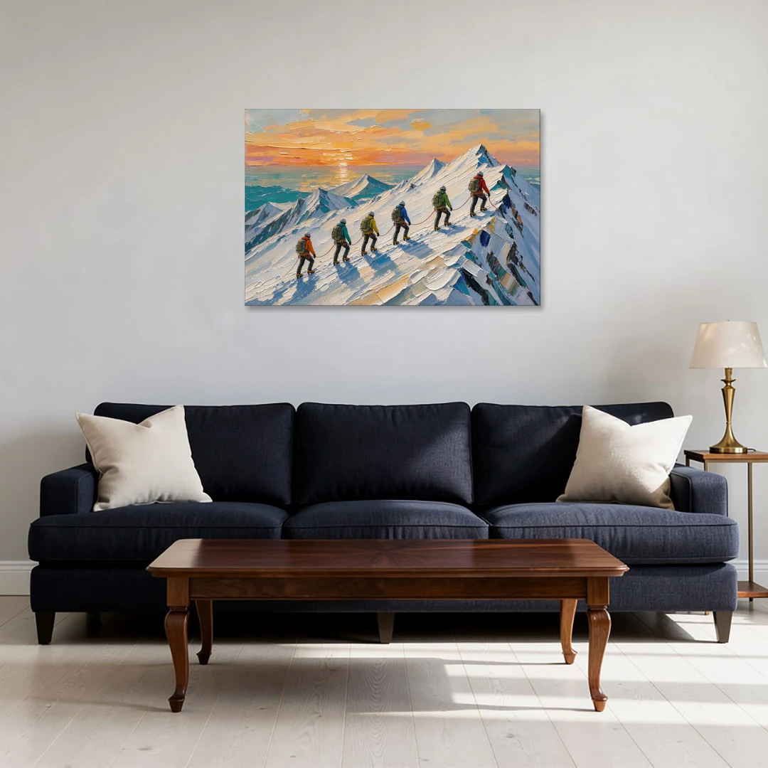 Roped Climbers on a Snowy Ridge at Sunrise - Canvas Wall Art - Sofa - 36x24