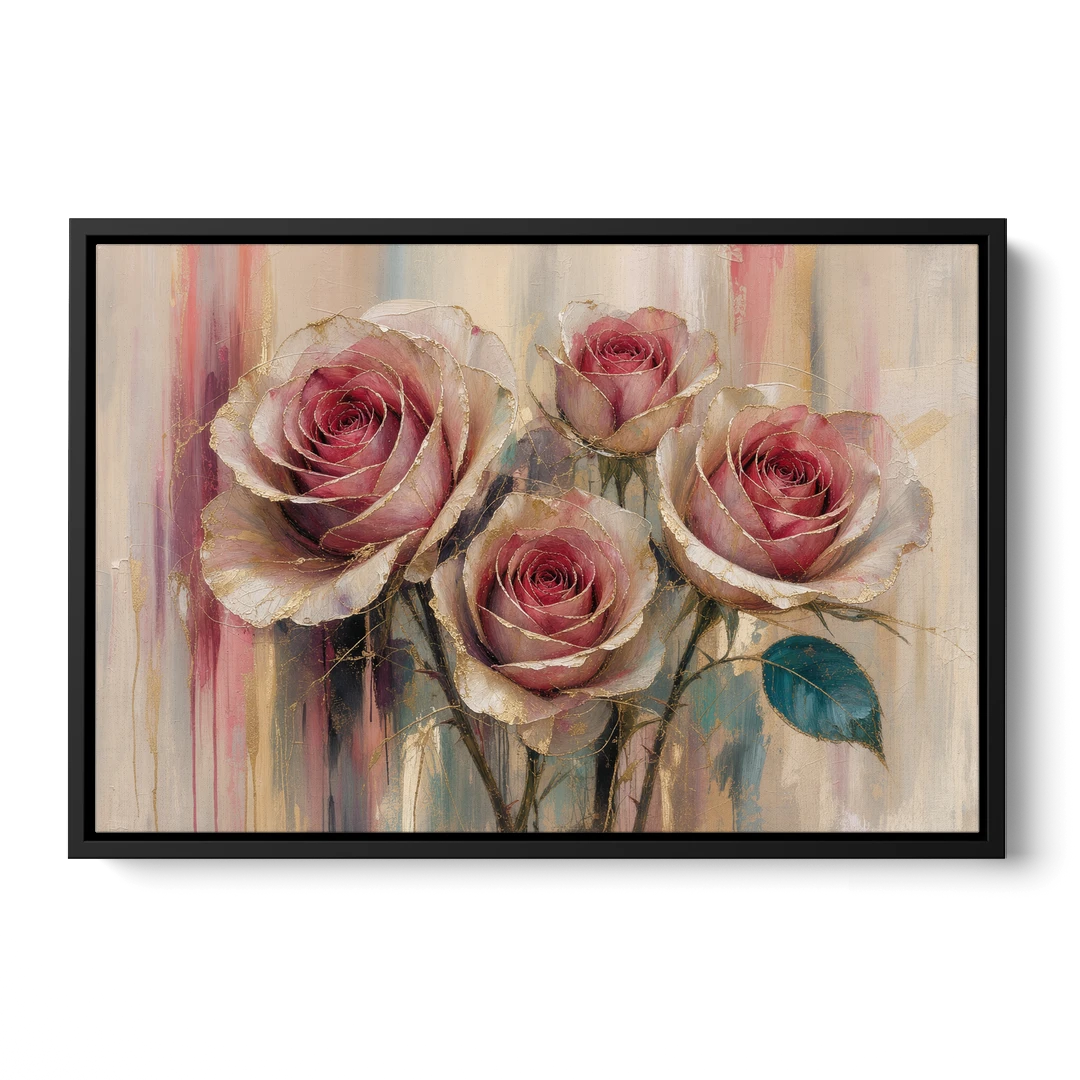 Rose Wall Art of Three Gilded Garden Roses - Black Framed Canvas Wall Art - Front