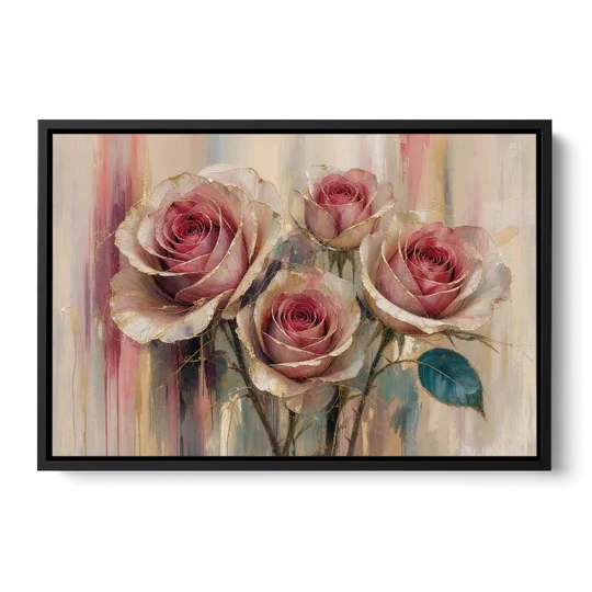 Rose Wall Art of Three Gilded Garden Roses - Black Framed Canvas Wall Art - Front
