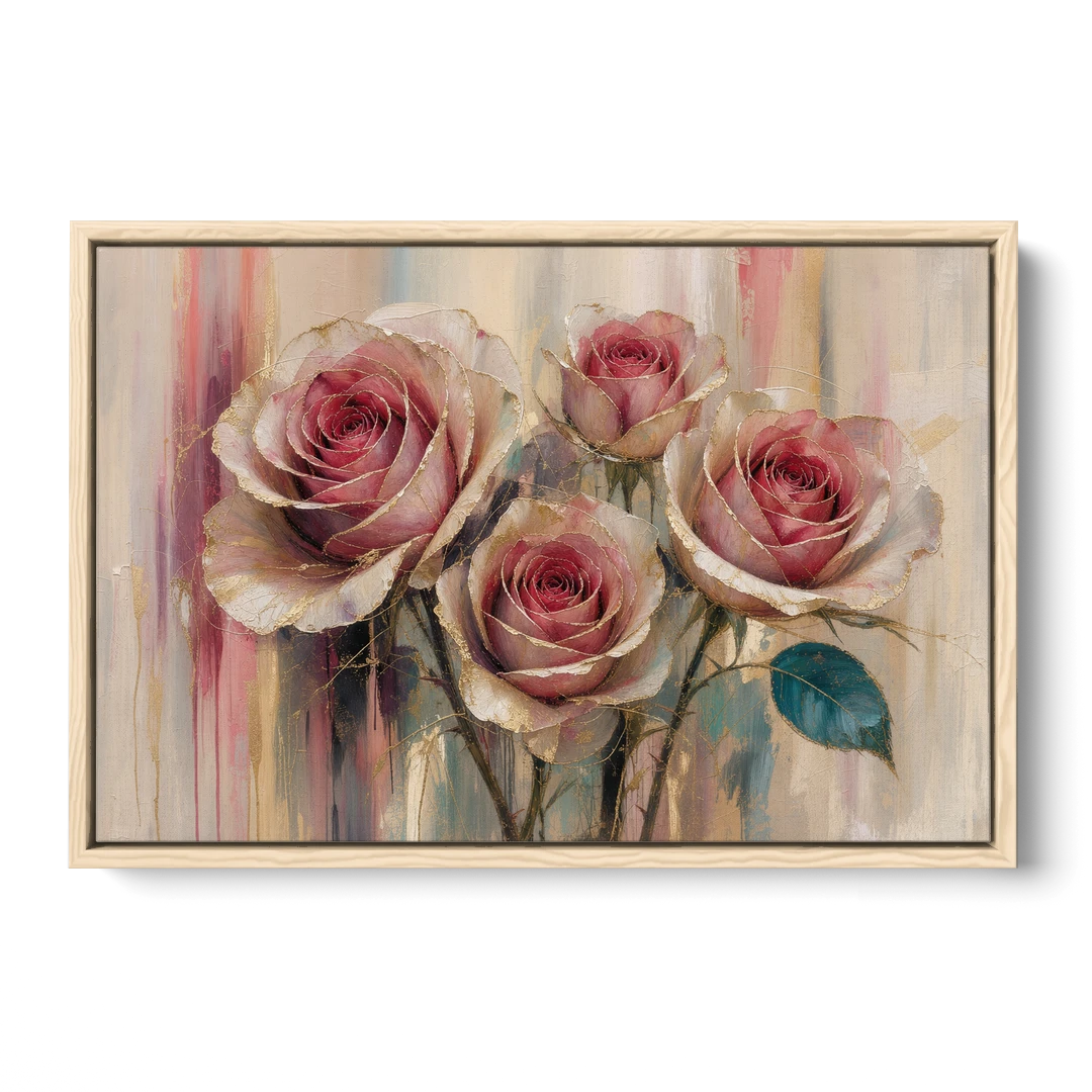 Rose Wall Art of Three Gilded Garden Roses - Oak Framed Canvas Wall Art - Front