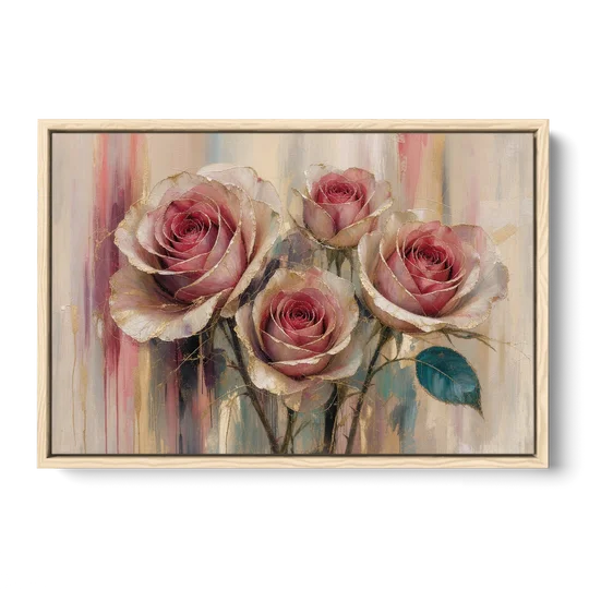 Rose Wall Art of Three Gilded Garden Roses - Oak Framed Canvas Wall Art - Front