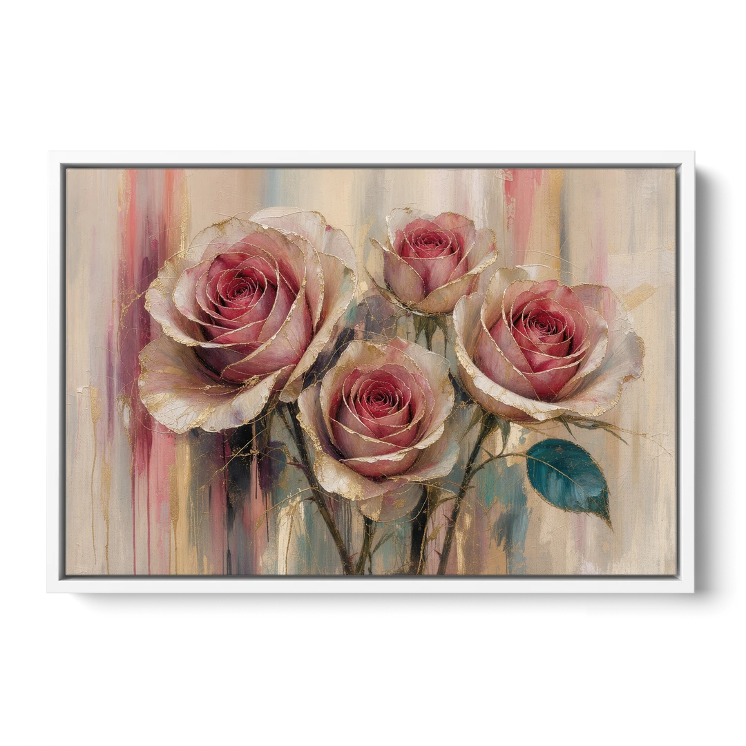 Rose Wall Art of Three Gilded Garden Roses - White Framed Canvas Wall Art - Front