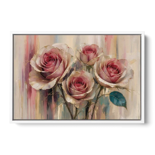 Rose Wall Art of Three Gilded Garden Roses - White Framed Canvas Wall Art - Front