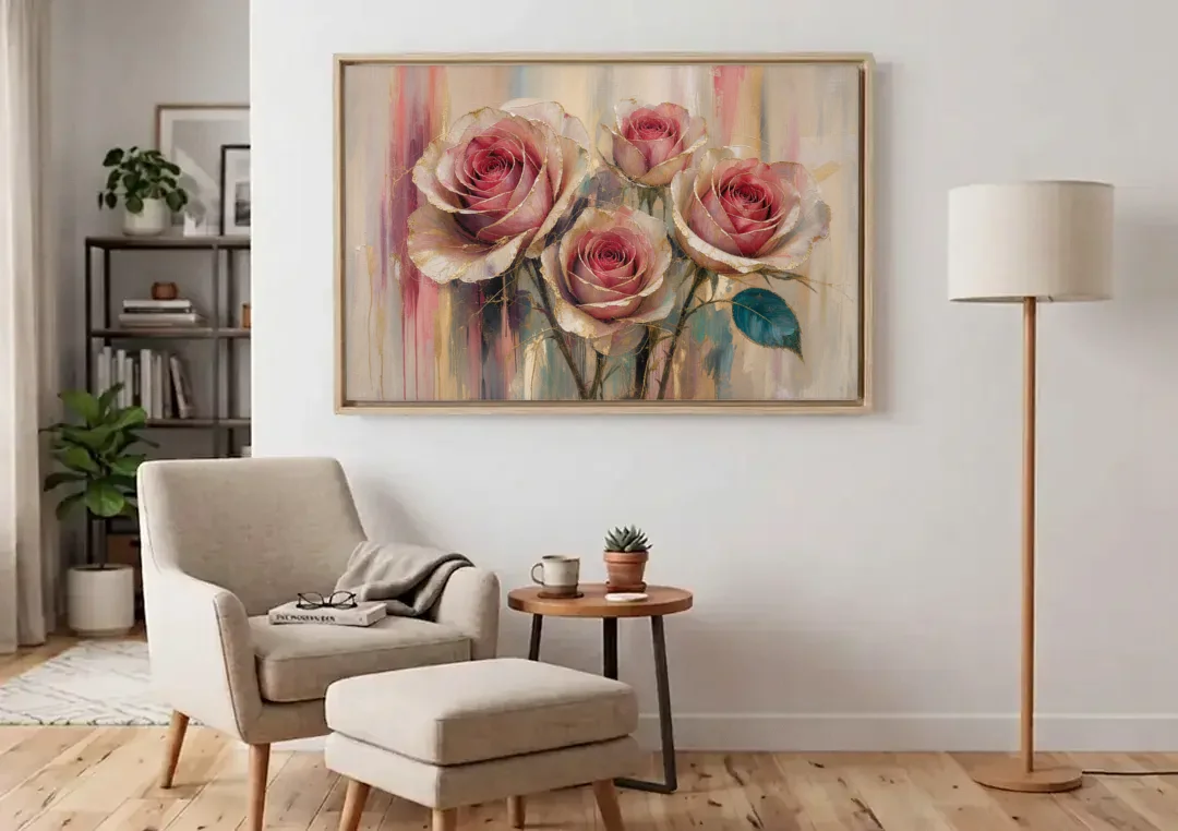 Rose Wall Art of Three Gilded Garden Roses canvas wall art above an armchair in a bright living room