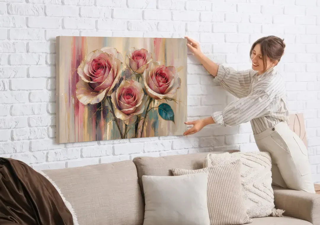 Rose Wall Art of Three Gilded Garden Roses canvas wall art being hung on a white brick wall above a sofa