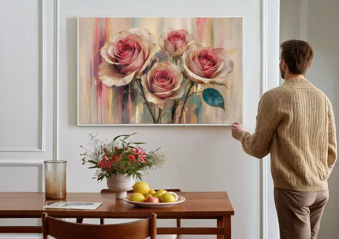 Rose Wall Art of Three Gilded Garden Roses canvas wall art above a dining table