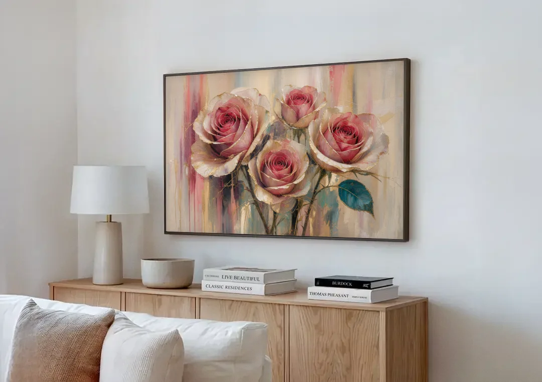 Rose Wall Art of Three Gilded Garden Roses canvas wall art above a wooden sideboard next to a sofa
