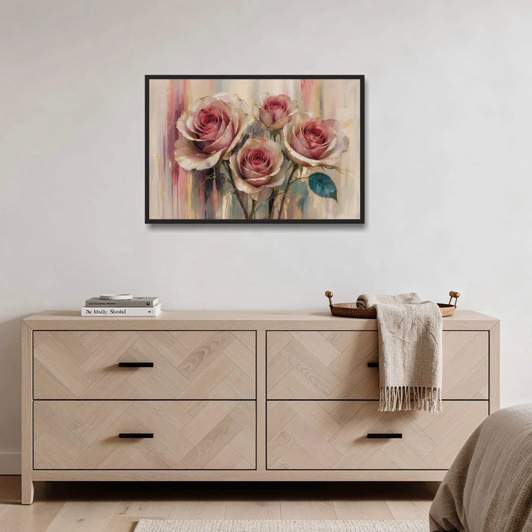 Rose Wall Art of Three Gilded Garden Roses - Black Framed Canvas Wall Art - Coffee Table - 36x24