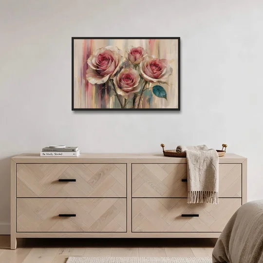 Rose Wall Art of Three Gilded Garden Roses - Black Framed Canvas Wall Art - Coffee Table - 36x24