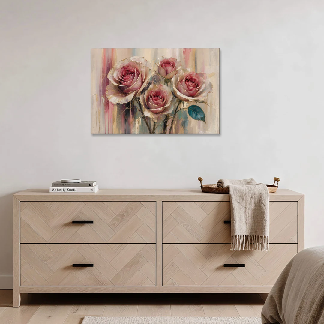 Rose Wall Art of Three Gilded Garden Roses - Canvas Wall Art - Coffee Table - 36x24