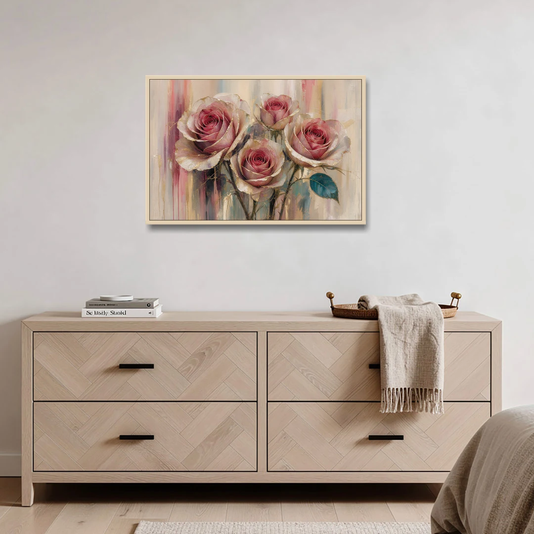 Rose Wall Art of Three Gilded Garden Roses - Oak Framed Canvas Wall Art - Coffee Table - 36x24