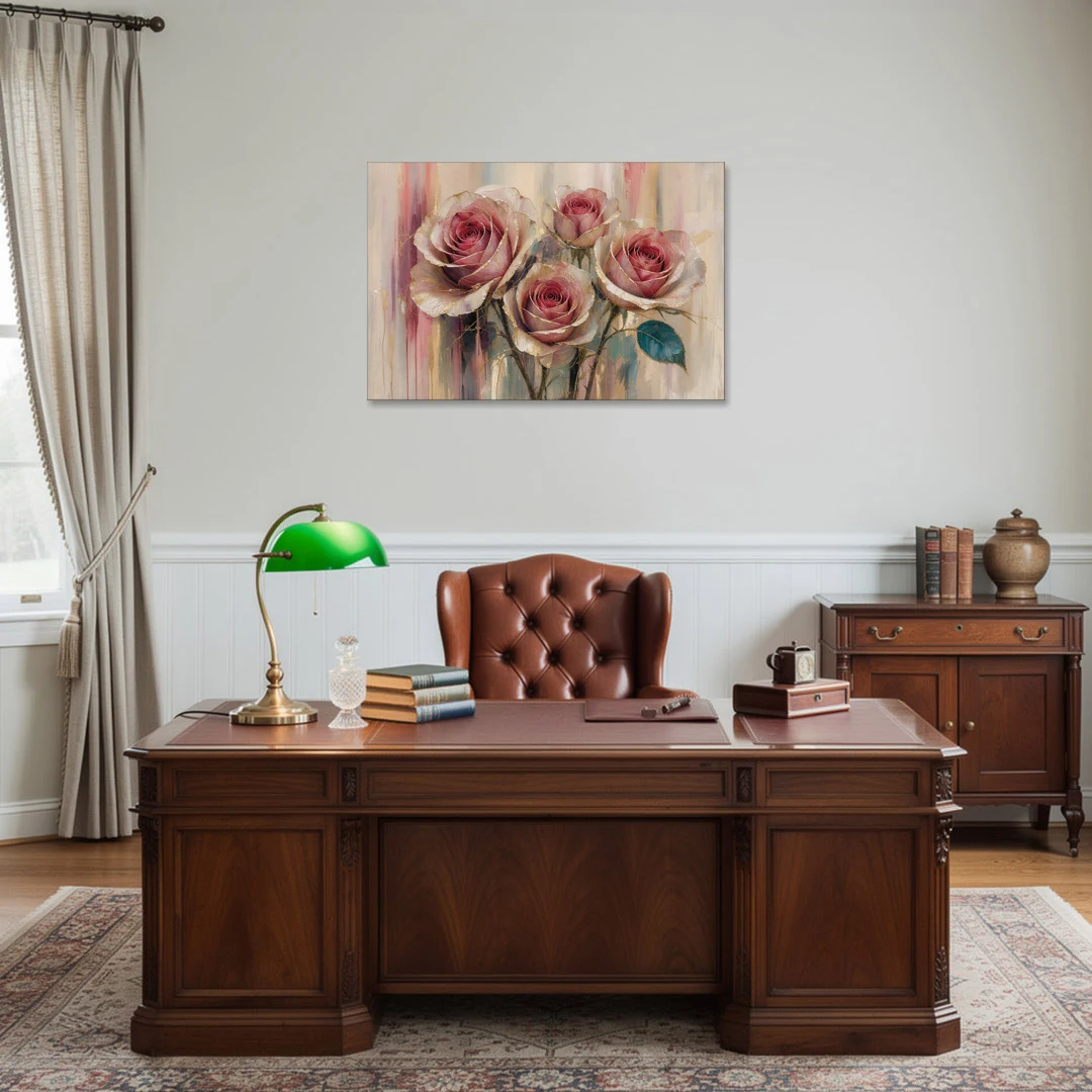 Rose Wall Art of Three Gilded Garden Roses - Canvas Wall Art - Office - 36x24