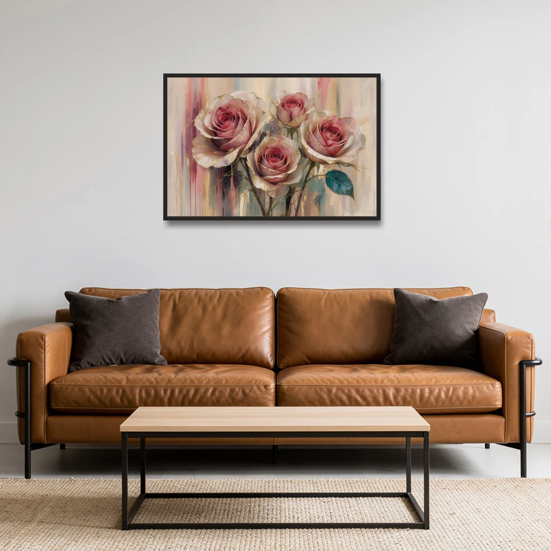Rose Wall Art of Three Gilded Garden Roses - Black Framed Canvas Wall Art - Sofa - 36x24