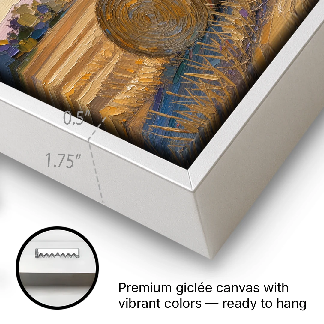 Round Hay Bales on a Golden Harvest Field - White Framed Canvas Wall Art - Gallery Wrap Corner