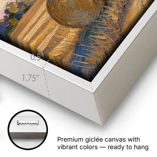Round Hay Bales on a Golden Harvest Field - White Framed Canvas Wall Art - Gallery Wrap Corner