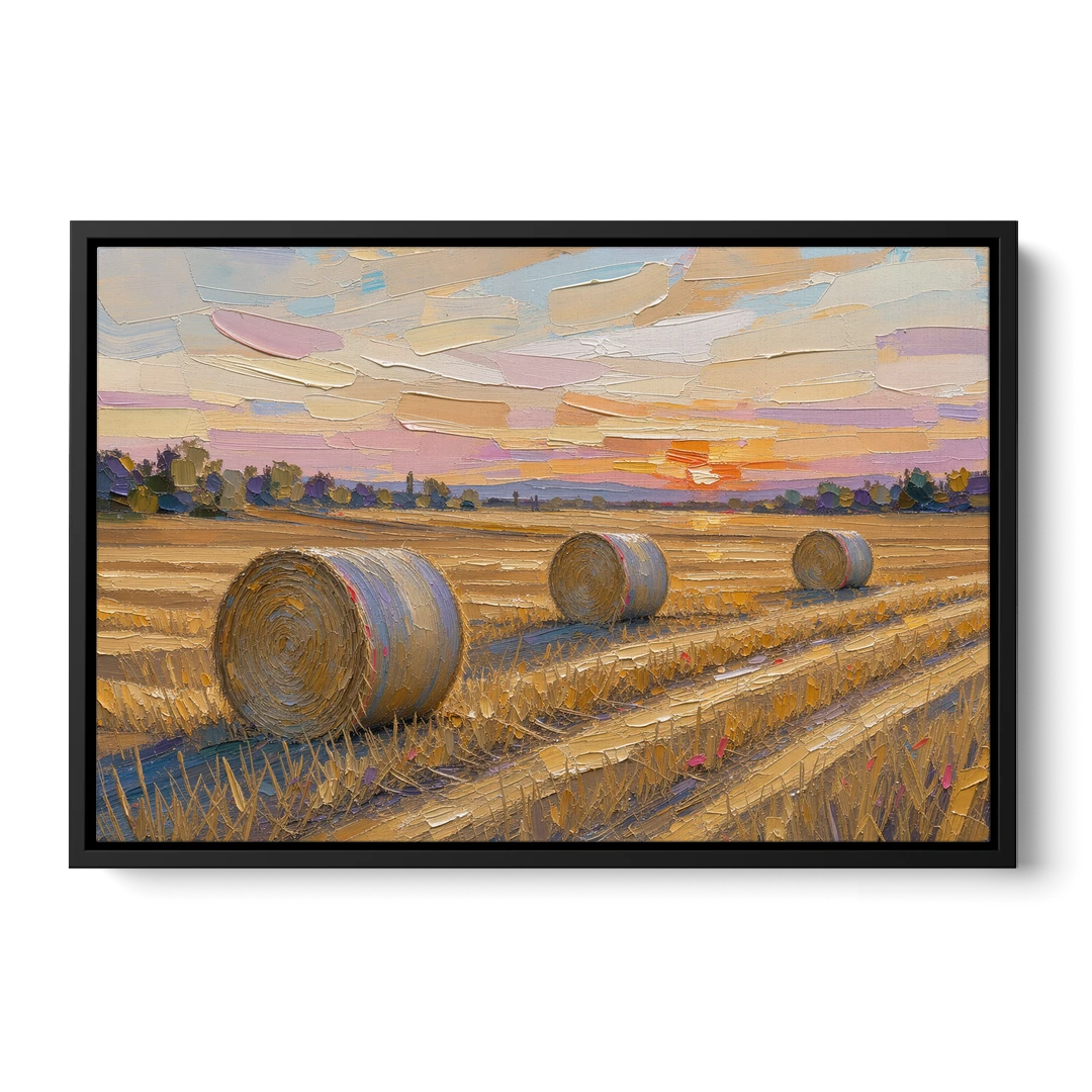 Round Hay Bales on a Golden Harvest Field - Black Framed Canvas Wall Art - Front