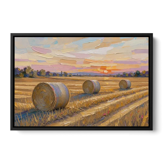 Round Hay Bales on a Golden Harvest Field - Black Framed Canvas Wall Art - Front