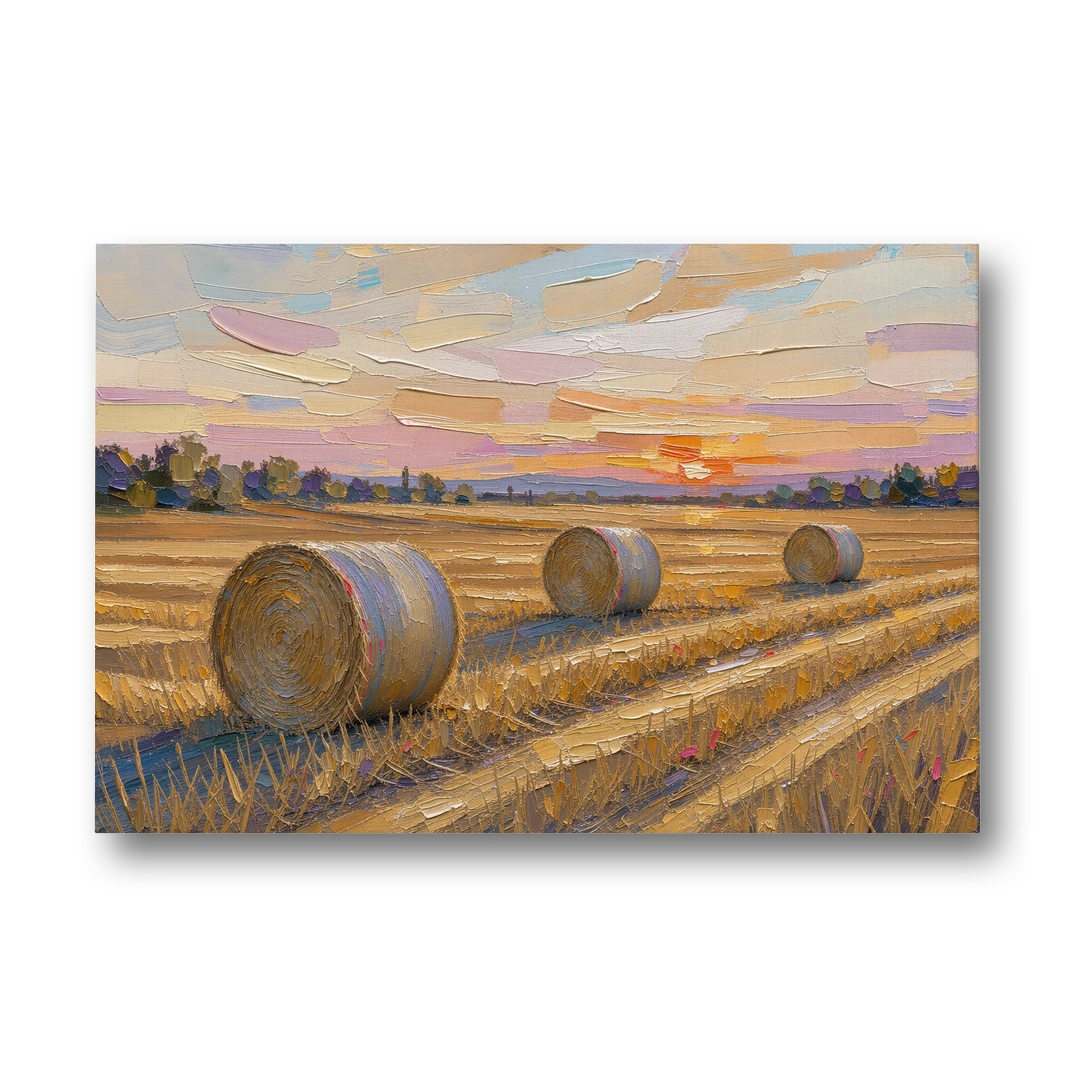Round Hay Bales on a Golden Harvest Field - Canvas Wall Art - Front