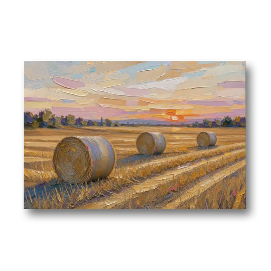 Round Hay Bales on a Golden Harvest Field - Canvas Wall Art - Front
