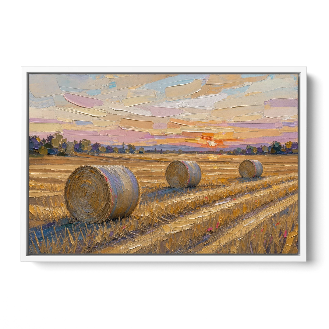 Round Hay Bales on a Golden Harvest Field - White Framed Canvas Wall Art - Front
