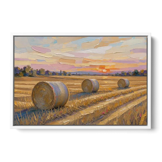 Round Hay Bales on a Golden Harvest Field - White Framed Canvas Wall Art - Front