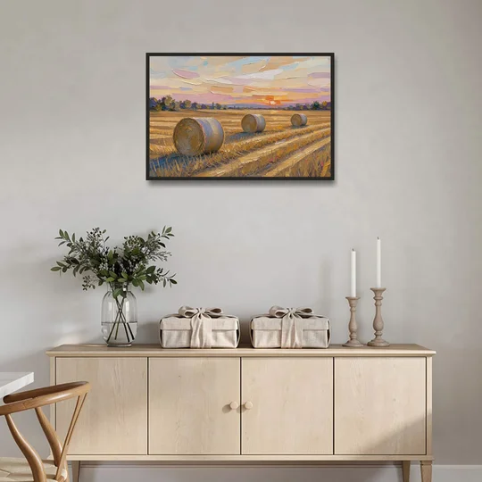 Round Hay Bales on a Golden Harvest Field - Black Framed Canvas Wall Art - Coffee Table - 36x24