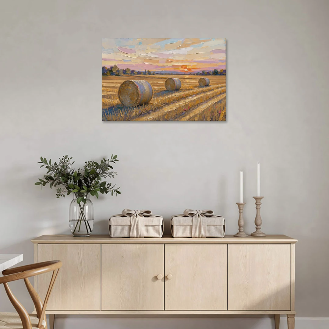 Round Hay Bales on a Golden Harvest Field - Canvas Wall Art - Coffee Table - 36x24