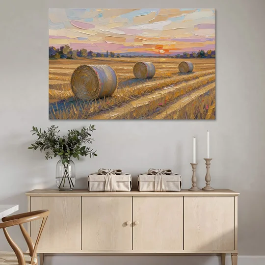 Round Hay Bales on a Golden Harvest Field - Canvas Wall Art - Coffee Table - 60x40