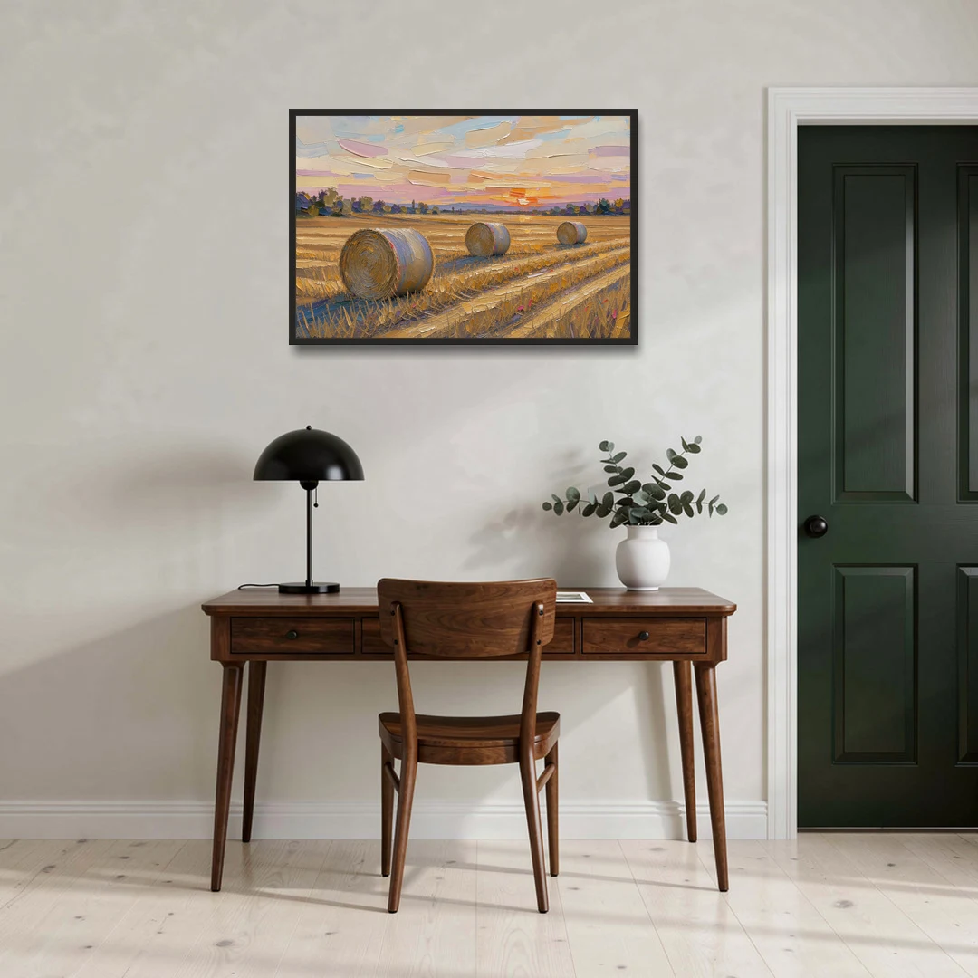 Round Hay Bales on a Golden Harvest Field - Black Framed Canvas Wall Art - Office - 36x24
