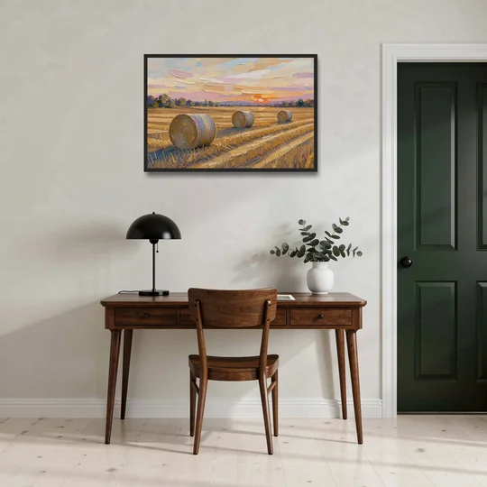 Round Hay Bales on a Golden Harvest Field - Black Framed Canvas Wall Art - Office - 36x24