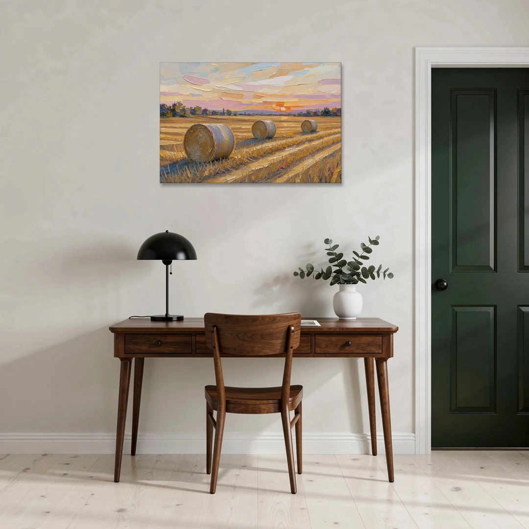 Round Hay Bales on a Golden Harvest Field - Canvas Wall Art - Office - 36x24