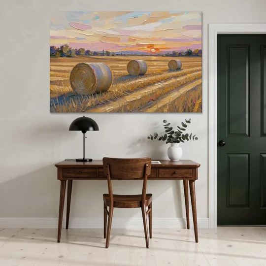 Round Hay Bales on a Golden Harvest Field - Canvas Wall Art - Office - 60x40