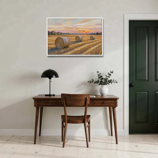 Round Hay Bales on a Golden Harvest Field - White Framed Canvas Wall Art - Office - 36x24