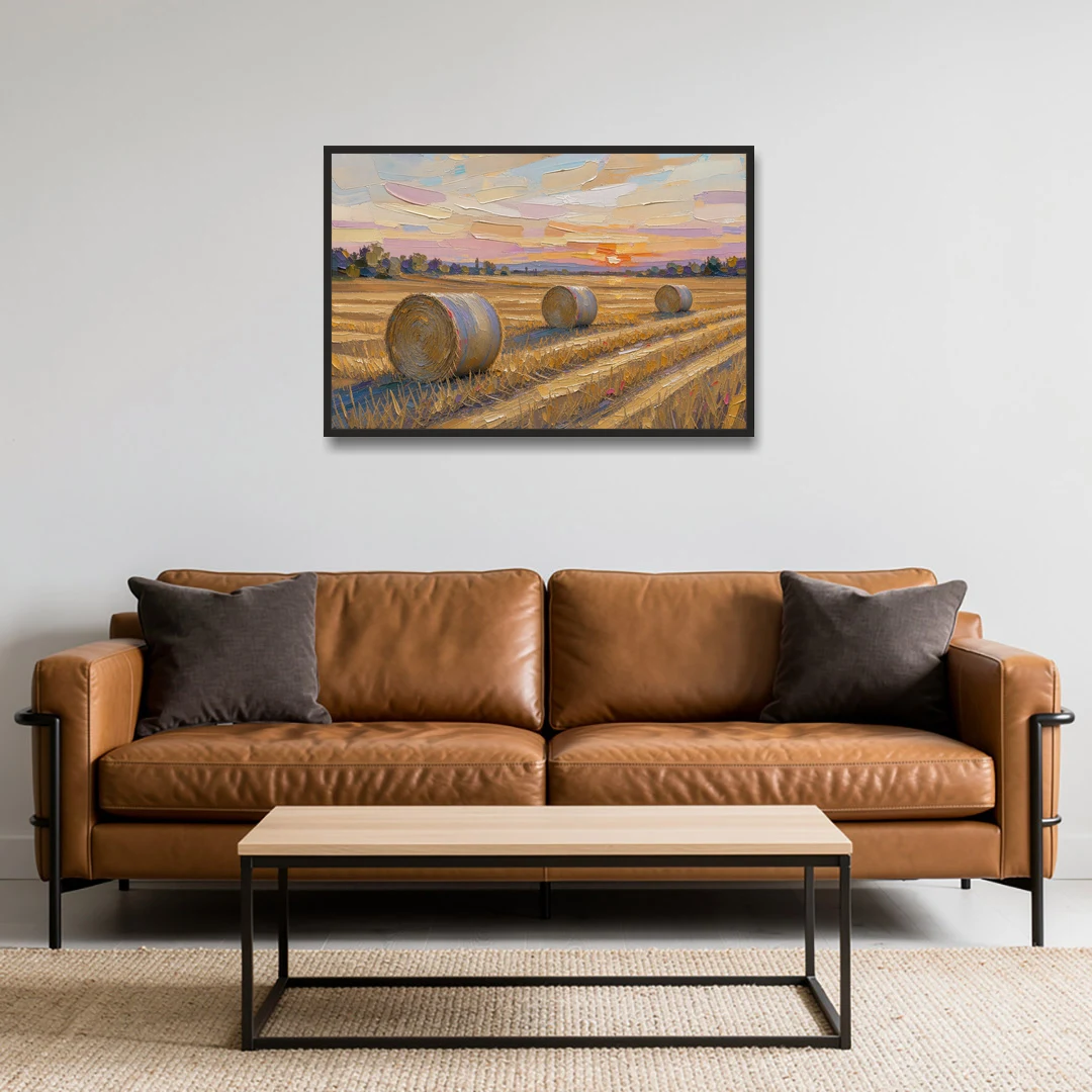 Round Hay Bales on a Golden Harvest Field - Black Framed Canvas Wall Art - Sofa - 36x24