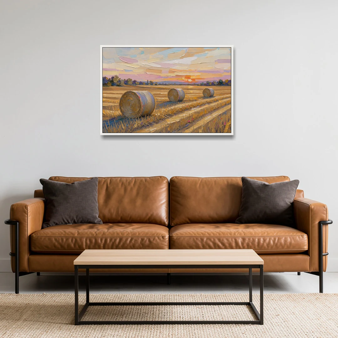 Round Hay Bales on a Golden Harvest Field - White Framed Canvas Wall Art - Sofa - 36x24
