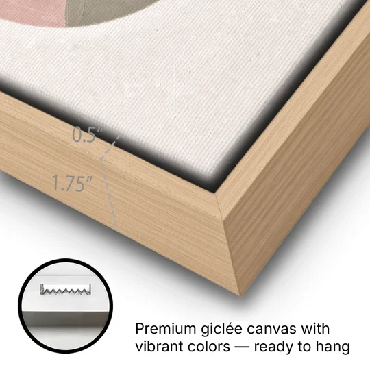 Round Window Landscape with Low Rust Sun - Oak Framed Canvas Wall Art - Gallery Wrap Corner