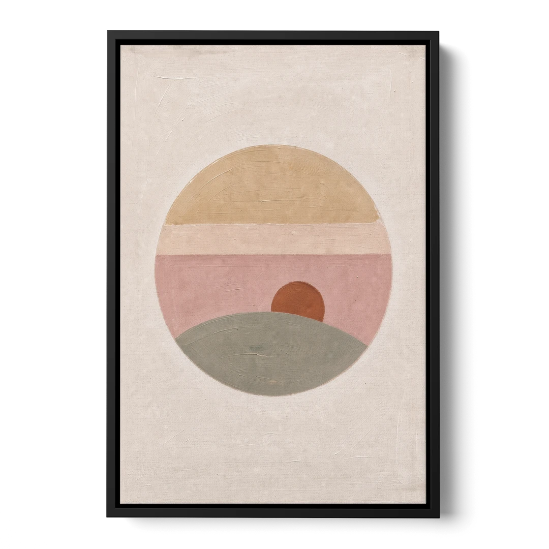 Round Window Landscape with Low Rust Sun - Black Framed Canvas Wall Art - Front