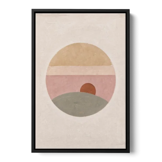 Round Window Landscape with Low Rust Sun - Black Framed Canvas Wall Art - Front