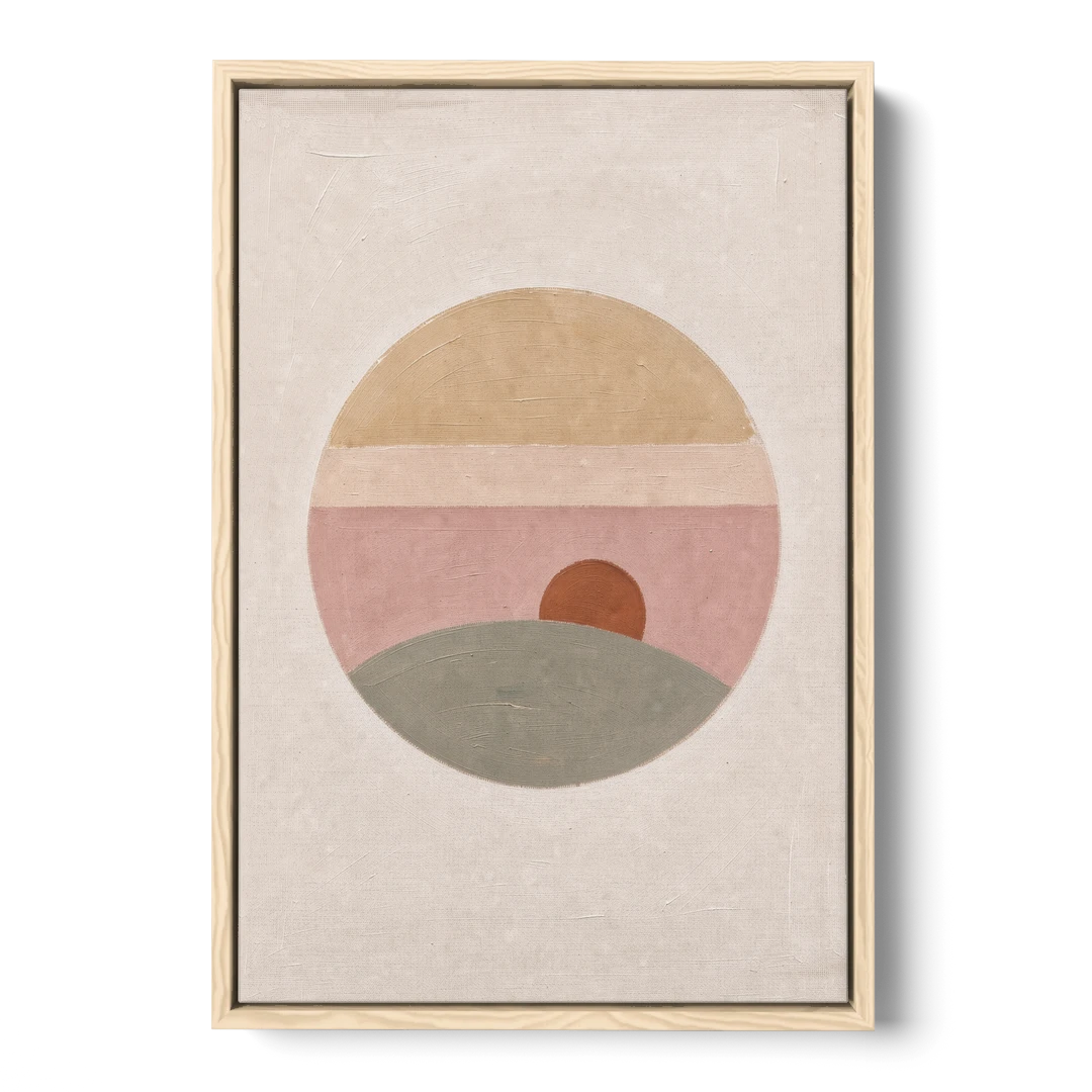 Round Window Landscape with Low Rust Sun - Oak Framed Canvas Wall Art - Front