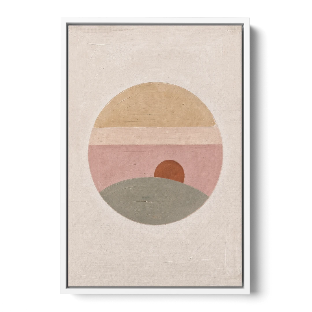 Round Window Landscape with Low Rust Sun - White Framed Canvas Wall Art - Front