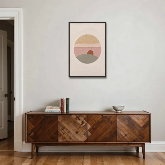 Round Window Landscape with Low Rust Sun - Black Framed Canvas Wall Art - Coffee Table - 24x36