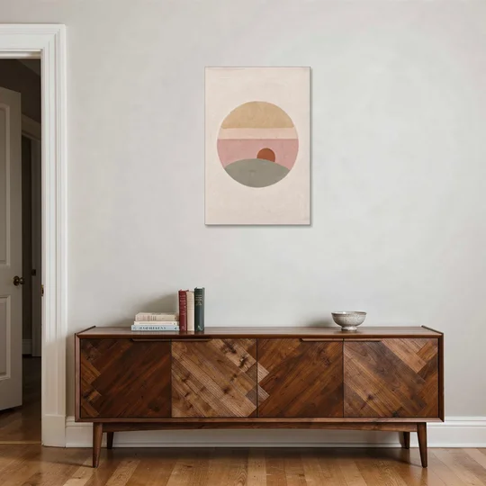 Round Window Landscape with Low Rust Sun - Canvas Wall Art - Coffee Table - 24x36