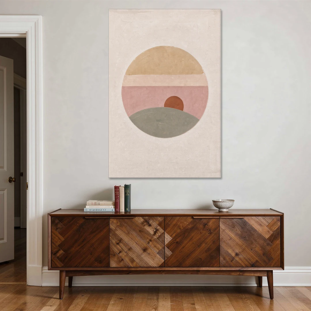 Round Window Landscape with Low Rust Sun - Canvas Wall Art - Coffee Table - 40x60