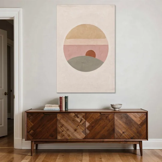 Round Window Landscape with Low Rust Sun - Canvas Wall Art - Coffee Table - 40x60